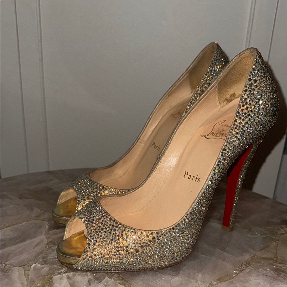 Christian Louboutin Gold Peep-Toe Heels